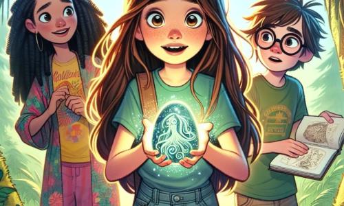 O fată de 12 ani, Ana, cu părul lung și brunet și ochi strălucitori de curiozitate, stă în centrul imaginii, uimită, ținând o piatră misterioasă care strălucește cu o lumină magică. Poartă un tricou colorat și o pereche de pantaloni scurți din denim, iar fața ei exprimă atât excitație, cât și uimire. La dreapta ei, Vlad, un băiat de 12 ani cu părul negru și dezordonat și ochelari, privește piatra cu fascinație, ochii lui fiind rotunzi și strălucitori. Este îmbrăcat într-un tricou verde și pantaloni cargo, aplecându-se ușor înainte, ca și cum ar dori să atingă piatra. La stânga, Ioana, o fată de 11 ani cu părul blond și împletituri, observă atent simbolurile de pe piatră, având o expresie concentrată. Poartă o rochie ușoară cu flori și ține un carnet de schițe în mâini, pregătită să deseneze ceea ce vede. Decorul este o pădure preistorică luxuriantă, cu copaci uriași și trunchiuri groase, ferigi verzi și raze de soare filtrându-se prin frunziș, creând o atmosferă magică. În fundal, se văd siluete de dinozauri mișcându-se încet, adăugând o notă de aventură scenei. Situația principală arată cum Ana, Vlad și Ioana descoperă piatra magică care i-a transportat în trecut, un moment de descoperire și uimire în fața necunoscutului.