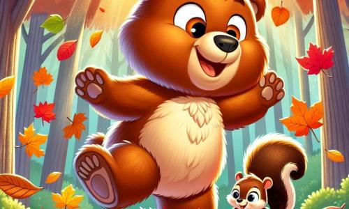 A young brown bear named Benny, with soft fur and sparkling curious eyes, stands in the midst of a vibrant autumn leaf carpet in shades of orange, red, and yellow. He joyfully smiles, his front paws raised as if ready to jump into the leaves. Nearby, a small squirrel named Sally, with a bushy tail and mischievous eyes, is gathering acorns. She looks excited, hopping from leaf to leaf, and smiles broadly at Benny. The setting is an enchanted forest, where majestic trees rise with branches adorned with colorful leaves gently falling. Sunlight shines through the foliage, creating golden light spots on the ground. The scene captures Benny and Sally enjoying a beautiful autumn day, surrounded by swirling leaves, while Benny prepares to dive into a pile of crunchy leaves with joy in his eyes.
