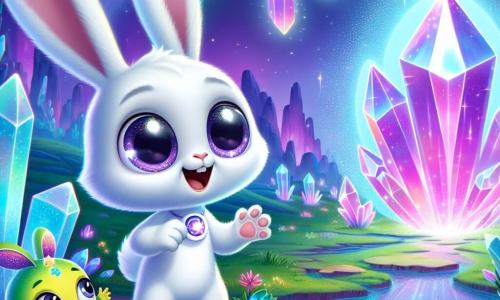 Un pequeño conejo blanco llamado Luno, con un pelaje brillante y ojos llenos de curiosidad, se encuentra en el centro de la escena, deslumbrado por un cristal gigante que emite luz. Tiene una expresión de asombro, con las orejas levantadas, y extiende una pata hacia el cristal, listo para tocarlo. A su lado, una criatura extraterrestre verde llamada Zira, con grandes ojos expresivos y antenas brillantes, observa a Luno con una sonrisa alentadora, con los brazos abiertos como invitándolo a actuar. Un poco más lejos, Glim, un ser parecido a un pez con patas, nada en el aire, sus escamas brillantes reflejando los colores del cristal, mostrando una expresión de emoción. El escenario es un paisaje fantástico de Zorath, con árboles de cristal brillantes bajo un cielo violeta y ríos de líquido azul que serpentean por el suelo. La escena irradia una atmósfera mágica y vibrante, llena de luz y colores brillantes. Al fondo, una sombra oscura emerge del cristal, creando una tensión palpable en el aire, mientras Luno y sus amigos se preparan para defender la luz del cristal.