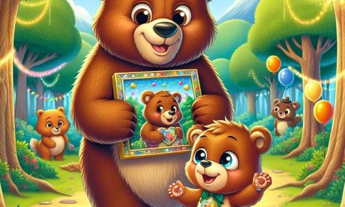 Um adorável urso-pardo chamado Bubu, com pelagem macia e olhos brilhantes de alegria, segura uma foto reluzente com suas patas, sorrindo com orgulho e excitação. Ao seu lado, seu pai, um grande urso de pelagem dourada, observa a foto com lágrimas de felicidade nos olhos, um largo sorriso no rosto, os braços abertos para um abraço caloroso. A cena acontece em uma floresta encantada, onde árvores majestosas com folhas verdes vibrantes cercam uma clareira decorada com balões coloridos e guirlandas cintilantes. No centro da clareira, Bubu apresenta orgulhosamente o presente que preparou para o dia dos pais, enquanto animais da floresta, como pássaros e esquilos, os observam com expressões alegres e admirativas.