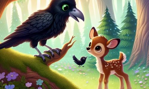 Un corvo di nome Corvino, con piume nere lucenti e occhi scintillanti, si trova su un ramo di albero, mostrando un'espressione di curiosità e meraviglia. Accanto a lui, un piccolo cervo dal pelo marrone chiaro, con grandi occhi marroni pieni di apprensione, guarda intorno a sé, un po' timido, mentre si trova sull'erba verde sotto l'albero. Il luogo è un magnifico boschetto incantato, dove gli alberi sono alti e maestosi, le loro foglie scintillano sotto i raggi del sole e fiori colorati cantano dolcemente nel vento. La scena principale mostra Corvino che incoraggia Cervo a superare la sua paura, pronto ad aiutarlo a scoprire il suo coraggio in questo mondo magico.