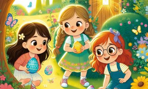 In einem sonnigen Garten sind drei Mädchen versammelt: - **Lena**, ein 8-jähriges Mädchen mit langen braunen Haaren und funkelnden Augen, hockt neben einem Busch und hält ein leuchtend blaues Ei in den Händen. - **Mia**, ein 7-jähriges Mädchen mit geflochtenen blonden Haaren und einem strahlenden Lächeln, steht neben einem großen Baum und schaut bewundernd auf ein schokoladenes Ei, das in der Sonne glänzt. - **Emma**, ein 9-jähriges Mädchen mit roten Haaren und runden Brillen, zeigt auf eine kleine goldene Tür, die hinter bunten Blumen verborgen ist. Der Garten ist voller bunten Blumen, schwirrenden Schmetterlingen und majestätischen Bäumen, was eine magische und fröhliche Atmosphäre schafft. Im Hintergrund funkelt eine kleine goldene Tür, umgeben von Grün. Die Hauptsituation zeigt die drei Freundinnen, die die geheimnisvolle Tür entdecken, ihre Gesichter erleuchtet von Neugier und Aufregung, bereit, in eine magische Welt voller Osterabenteuer einzutreten.