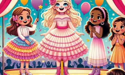 In het midden van het podium staan vier meisjes op een circuspodium. Luna, een 10-jarig meisje in een mooie roze jurk, zit in haar wagen, glimlachend en vol enthousiasme. Rechts van haar staat Sophie, een 9-jarig meisje met blond haar en een bril, die een magisch gebaar maakt met een toverstok. Links kijkt Mia, een 8-jarig meisje met bruin gevlochten haar, met grote ogen, klaar om een truc uit te proberen. Tot slot applaudisseert Noor, een 9-jarig meisje met zwart haar en een grote bloemenkrans, blij. De achtergrond toont een grote kleurrijke circustent met rode en witte strepen, vol met fonkelende lichten en verwonderde toeschouwers. Ballonnen zweven in de lucht en confetti valt om hen heen, wat een feestelijke sfeer creëert. De hoofdscène laat de meisjes zien die samen magie uitvoeren, met een grote glimlach op Luna's gezicht terwijl ze een kleurrijke sjaal laat verdwijnen, terwijl de magiër, met een grote hoed en een glinsterende cape, hen helpt. De sfeer is vrolijk en vol verwondering, en vangt de magische geest van het circus.