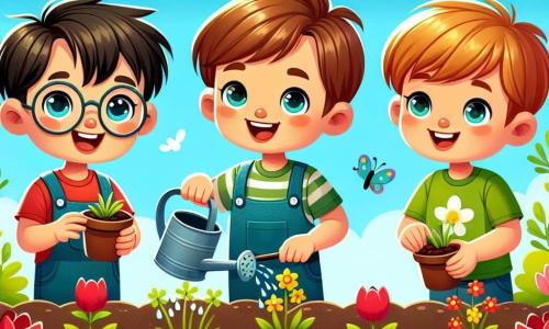 Drei fröhliche Jungen sind in einem Garten im vollen Frühling. Max, ein 8-jähriger Junge mit braunen Haaren und einer Brille, lächelt und hält einen kleinen Blumentopf. Neben ihm gießt Leo, ein 7-jähriger Junge mit blonden Haaren und funkelnden Augen, mit einer kleinen Gießkanne Wasser. Schließlich schaut Ben, ein 6-jähriger Junge mit roten Haaren und einem grünen T-Shirt, staunend auf die kleinen Samen, die sie gepflanzt haben. Der Garten ist voller bunter Blumen: rote Tulpen, gelbe Narzissen und weiße Gänseblümchen. Die Sonne scheint am klarblauen Himmel, und Vögel singen in den Bäumen. Schmetterlinge fliegen um die Blumen und verleihen der Szene einen Hauch von Magie. Die drei Freunde pflanzen Blumen Samen in die Erde und sind gespannt, wie ihr Garten unter der sanften Frühlingssonne erblühen wird.