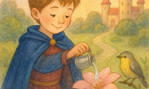 Un joven príncipe de unos 8 años, sonriente y atento, con cabello castaño claro y capa azul marino brillante, sostiene una pequeña copa de plata y vierte agua sobre una gran flor marchita rosa pálido que abre un pétalo y parece revivir con gotas que brillan como perlas; a la derecha un pequeño pájaro amarillo y gris en una rama baja mira al príncipe con gratitud; al fondo, jardín de castillo con senderos empedrados, arbustos redondeados y torres beige de tejados rojos bajo un cielo lavanda al crepúsculo, luz cálida y texturas acuareladas difuminadas con reflejos y gotas resaltados en gel blanco.
