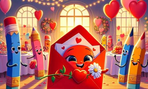 In a cozy corner of the city, Ellie, a bright red envelope with a cheerful smile and a heart-shaped flap, dances joyfully at a Valentine's Day party. Her eyes sparkle with happiness as she holds a pretty white flower in her little paper hand. Next to her, a group of colorful crayons, each with a smiling face, radiates joy. The tallest, a blue crayon, draws hearts in the air with its pointed tip, while the smaller yellow crayon claps excitedly. The setting features a room decorated with heart-shaped balloons floating from the ceiling, colorful flower garlands, and tables laden with sparkling candies. The soft light of the setting sun filters through the windows, creating a warm and festive atmosphere. The main scene shows Ellie and her friends celebrating together, surrounded by laughter and colors, sharing moments of joy and friendship at their Valentine's Day party.