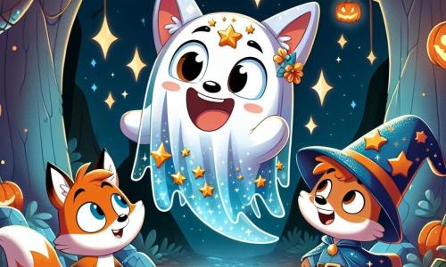Het hoofdpersonage, een jonge vos genaamd Felix, is gekleed in een glinsterend spookkostuum met sterren en manen, en hij toont een grote glimlach van opwinding terwijl hij licht boven de grond zweeft. Naast hem staat zijn beste vriend Sam, een klein eekhoorntje met sprankelende ogen, gekleed in een tovenaarspak met een puntige hoed, die Felix met bewondering en een mix van verwondering en enthousiasme aankijkt. De scène speelt zich af in een betoverd bos, waar de bomen versierd zijn met oranje lantaarns en nep spinnenwebben, wat een magische en feestelijke sfeer creëert. In het midden van de afbeelding ontdekken Felix en Sam een mysterieuze grot, waarvan de ingang bedekt is met spinnenwebben, terwijl binnenin schitterende kristallen de ruimte verlichten als sterren. Felix en Sam, verwonderd, lopen naar de grot toe, klaar om een onvergetelijk avontuur te beleven.