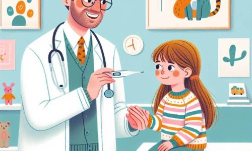 Un medico di nome Luca, con capelli castani e occhiali tondi, sorride calorosamente. Indossa un camice bianco e tiene un termometro in una mano, guardando con benevolenza una bambina di circa 6 anni, con lunghi capelli biondi e guance rosa, seduta su un tavolo di visita, un po' preoccupata, ma che inizia a sorridere vedendo il dottore. Sua madre, una donna di circa trent'anni con capelli castani e un maglione colorato, si trova accanto a lei, guardandola con tenerezza. La scena si svolge in una clinica luminosa e accogliente, con pareti dipinte di azzurro chiaro, poster di disegni di animali e giocattoli colorati sparsi sul pavimento. Luca misura la temperatura della bambina, spiegandole gentilmente che si sentirà meglio presto, mentre la madre le stringe la mano con gratitudine.