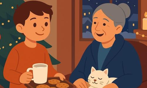 Un niño de 10 años, rostro redondo, cabello castaño corto y sonrisa cálida, sostiene una taza de leche y una bandeja de galletas doradas junto a un gran abeto; una vecina de unos 75 años, cabello gris recogido en moño, con abrigo azul, está sentada junto al fuego, envuelta en una manta y riendo dulcemente mientras mira al niño; un gato blanco llamado Copo, de pelaje esponjoso, duerme acurrucado en sus piernas; el salón es pequeño y acogedor con suelo de madera oscura, alfombra roja, chimenea con llamas suaves, guirnaldas doradas y velas encendidas, y por la ventana se ve la noche nevada; situación principal: el niño ofrece leche y galletas a la vecina que ha entrado a calentarse, ambiente íntimo y luz cálida, centrado en la bandeja y los rostros sonrientes.