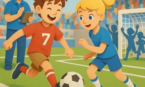 Un niño, Pablo, unos 11 años, pelo castaño despeinado, camiseta roja con el número 7, da un pase de tacón elegante; una niña, Carla, unos 11 años, coleta rubia, short azul, recibe el pase frente a la portería y prepara un disparo; el entrenador Lucas, unos 40 años, con gorra azul y cuaderno, sonríe y aplaude desde el banquillo; dos compañeros y una compañera, ~11 años, celebran corriendo detrás de Carla con las manos en alto; estadio con césped verde y líneas blancas, gradas coloridas llenas de pequeñas siluetas, banderas rojas y azules y cielo pastel; estética de capas y siluetas recortadas en papel, colores vivos y contrastados, sombras suaves, ambiente de entusiasmo y amistad.