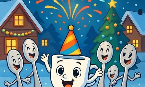 Tilli, una piccola tazza di ceramica bianca con un sorriso gioioso e grandi occhi brillanti, si trova al centro della scena, con le braccia alzate verso il cielo, piena di eccitazione e felicità. Indossa un piccolo cappello di festa colorato che scintilla sotto le luci. Accanto a lei, un gruppo di cucchiai in metallo argentato, con volti sorridenti e occhi scintillanti, si prepara a lanciare frizzis di zucchero in aria. Sono tutti allegri, ridendo e tenendosi per mano, formando un cerchio intorno a Tilli. Il decor è un incantevole villaggio innevato, con case di legno dai tetti coperti di neve, ghirlande luminose appese alle finestre e un grande albero di Natale decorato al centro della piazza. La notte è stellata e fiocchi di neve cadono dolcemente, aggiungendo un tocco magico all'atmosfera. La scena principale mostra Tilli e i suoi amici che lanciano frizzis di zucchero colorati in aria, creando un'esplosione di colori brillanti che illuminano il cielo notturno, mentre tutti i personaggi ridono e festeggiano insieme l'arrivo del Nuovo Anno.