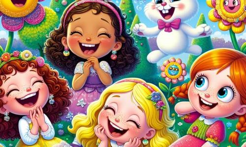 Quattro amiche, due ragazze di 8 anni e due di 9 anni, si trovano al centro di un giardino magico. Sofia, una ragazza di 9 anni con capelli ricci castani e un sorriso luminoso, ride tenendo una stella scintillante. Alla sua destra, Giulia, una ragazza di 8 anni con capelli biondi lisci e occhiali tondi, ride ascoltando una barzelletta di un fiore colorato. A sinistra, Marta, una ragazza di 9 anni con capelli rossi intrecciati e lentiggini, si rotola per terra dalle risate. Infine, Alessia, una ragazza di 8 anni con capelli castani e un vestito rosa, cerca di alzarsi con un grande sorriso. Il giardino è pieno di fiori parlanti dai colori vivaci, con petali a forma di volti felici, e alberi di caramelle che brillano sotto un cielo azzurro. Nuvole di zucchero filato fluttuano sopra di loro, aggiungendo un tocco di magia all'atmosfera. La scena principale mostra le quattro amiche che ridono insieme, circondate da fiori che raccontano barzellette, mentre un grosso coniglio bianco le osserva divertito, pronto ad avvisarle di non ridere troppo forte per non volare via.