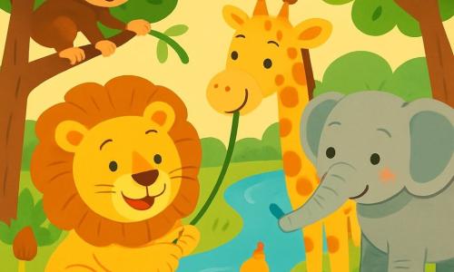 Un leone maestoso di nome Leo, con una criniera dorata e occhi brillanti, sorride felicemente mentre tiene una liana tra le zampe. Accanto a lui, una giraffa di nome Giulia, con un lungo collo maculato e occhi dolci, allunga il collo per prendere un giocattolo galleggiante. Un elefante di nome Elia, con grandi orecchie e pelle grigia, guarda con curiosità, mentre una piccola scimmia di nome Mimi, con pelliccia marrone e occhi maliziosi, si arrampica su un ramo per vedere meglio. La scena si svolge vicino a un fiume scintillante, circondato da alberi con foglie verdi brillanti che danzano nel vento. Fiori colorati bordano la riva, aggiungendo un tocco di magia all'ambiente. Leo e i suoi amici stanno tirando insieme una liana per recuperare i loro giochi che galleggiano sull'acqua, con i volti pieni di determinazione e felicità.