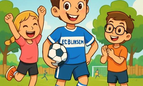Een jonge man, Lukas, staat in het midden van de afbeelding, glimlachend met sprankelende ogen van opwinding. Hij draagt een blauw-wit shirt van het FC Bliksem team, met bijpassende shorts en glanzende voetbalschoenen. Zijn bruin haar is lichtjes verward, en hij houdt een voetbal onder één arm, klaar om te spelen. Aan zijn rechterkant staat een meisje genaamd Emma, ongeveer 10 jaar oud, met gevlochten blond haar en een roze t-shirt met een zwarte short. Ze steekt haar armen in de lucht, springt van blijdschap, haar gezicht straalt van geluk. Aan zijn linkerkant staat een jongen genaamd Sam, 9 jaar oud, met een bril en kastanjebruin haar, die enthousiast applaudisseert met een grote glimlach op zijn gezicht. De achtergrond is een klein groen voetbalveld, omringd door groene bomen en een houten hek. De lucht is blauw met enkele pluizige witte wolken, en kinderen spelen in de verte, wat een vrolijke sfeer toevoegt. De scène toont Lukas die met de kinderen speelt, lacht en samen plezier heeft, wat een moment van kameraadschap en passie voor voetbal illustreert.