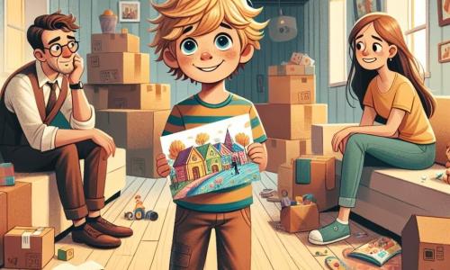 A 6-year-old boy, Max, with messy blond hair and big blue eyes, stands in the center of the image, a shy smile on his face, holding a colorful drawing of his family. Next to him, his mom, a woman in her thirties with brown hair and glasses, smiles tenderly at him while sitting on the couch surrounded by moving boxes. A little further away, his dad, a man in his thirties with brown hair and a light beard, leans in to admire the drawing, pride on his face. The scene takes place in a warm living room filled with natural light, with soft yellow walls and toys scattered on the floor. Moving boxes are stacked in one corner, and a large window lets in sunlight, creating a welcoming atmosphere. The main situation shows Max, torn between the joy of showing his drawing and the melancholy of his parents' separation, illustrating the complex emotions of a child facing family change.