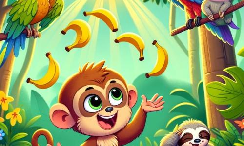 A little monkey named Max, with light brown fur and sparkling mischievous eyes, is juggling bananas in the jungle, displaying a big joyful smile on his face. Next to him, a colorful parakeet named Polly, with bright green and yellow feathers, flies in circles laughing, while a sloth named Sam, with gentle eyes and gray fur, sits on a branch, rubbing his eyes and smiling amusedly. The scene takes place in a sunny clearing of the jungle, surrounded by majestic trees with lush leaves and vibrant flowers, with rays of sunlight filtering through the foliage. Max, with his overflowing energy, tries to maintain balance while juggling bananas, as his friends cheer him on and laugh, creating an atmosphere of joy and camaraderie.