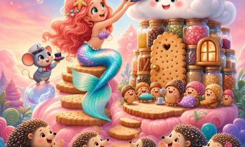 Una sirena ragazza gioiosa e maliziosa di nome Milù, scaglie color caramella e coda turchese, capelli lunghi ondulati color corallo, sorride mentre afferra il cilindro di una piccola nube; seduta su un gradino di biscotto guida delicatamente la nube per posarla come tetto sulla casa. Un piccolo topolino marino dagli occhi tondi e cappello da marinaio sta su una bolla d'acqua vicino a Milù, regge un mini cappello e guarda la nube stupito. Una famiglia di ricci bassi e paffuti con sciarpine colorate applaude sorridendo lungo il sentiero; minuscoli 