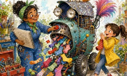 A smiling, mischievous female inventor with a round face, droopy glasses, a tied green scarf and paint-splattered clothes holds a large sketchbook and presses a red button on a makeshift machine; an amazed eight-year-old girl with brown ponytail and a yellow jacket claps back a step while holding a red polka-dot sock; a regal, amused ginger cat named Marmalade perches on the machine's metal roof; the 