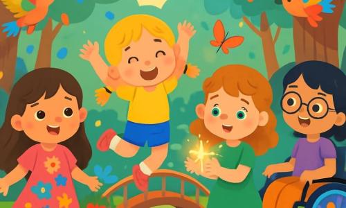 There are 4 children: - Lily: a 4-year-old girl with long brown hair and sparkling eyes. She wears a pink dress with colorful flowers and stands on the left, smiling and full of energy. - Mia: a 4-year-old girl with braided blonde hair and bright blue eyes. She wears a yellow t-shirt and blue shorts, jumping for joy in the center of the image. - Emma: a 4-year-old girl with curly red hair and freckles. She wears a green dress and is on the right, holding sparkling magic in her hands. - Zoe: a 4-year-old girl with black hair and round glasses. She is in a wheelchair decorated with colorful stickers, smiling and looking at her friends with enthusiasm, slightly in the background. The scene takes place in an enchanted forest, where tall majestic trees have leaves that shine in a thousand colors. Multicolored flowers dance in the wind, and butterflies with shimmering wings fly around the children. An old wooden bridge, surrounded by flowering vines, crosses a small river with crystal-clear waters. The main situation shows the four children laughing and playing together, amazed by the sparkling magic Emma holds in her hands. They are surrounded by fantastic creatures, such as rainbow-feathered birds and singing flowers, creating a joyful and magical atmosphere.