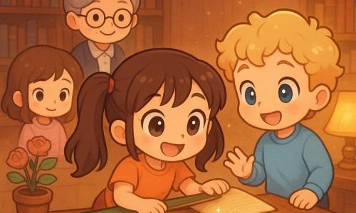 An excited, curious 8‑year‑old girl with brown pigtails and bright eyes kneels at a large wooden table opening an old green book whose secret page lifts; to her right stands Leo, an ~8‑year‑old boy with curly blond hair, raising a hand and marveling at the page; Nora, an ~8‑year‑old girl with chestnut hair and a shy, happy expression, stands slightly behind to the left behind a small pot of roses, watching; Miss Maple, a gray‑haired librarian in her 50s with round glasses and a kind smile, appears near a book-filled shelf in a warm library—dark wooden shelves, soft rug, golden desk-lamp light, dust motes and a visible “Ancient Tales” sign. The moment shows a small trapdoor emerging from the old book: a red velvet drawer holding three silver bracelets; the mood is magical and gentle, with vivid pastel colors, strong contrast, visible wood and fabric textures, and sparkling highlights on the jewelry.