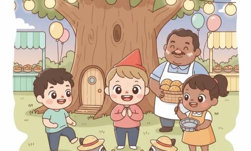 The main character is a lively, mischievous 6-year-old boy with bright round eyes, short chestnut hair and rosy cheeks wearing a small red hat; his 7-year-old sister, focused and determined with brown hair in a ponytail, taps a stick to mark the tempo to his right; their serious-but-amused 9-year-old older brother with tousled black hair taps his left foot to the left; a jovial, round adult baker in a flour-dusted white apron smiles behind them near an old oak holding a wicker basket; two or three costumed raccoons in tiny straw hats with curious eyes and striped tails drum on shiny tart tins; they stand at a village fair at dusk with wooden stalls, warm lantern garlands and pastel balloons around the oak with a small door, and the three children gently guide the raccoons to turn a scary 