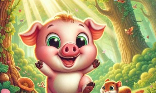 Um pequeno porquinho rosa, chamado Tico, com grandes olhos brilhantes e orelhas em pé, está pulando alegremente em uma floresta verdejante, cercado por flores coloridas e raios de sol filtrando através das folhas. Ele tem um sorriso largo e bochechas rosadas, expressando grande alegria e curiosidade.

Ao lado dele, um pequeno esquilo marrom, chamado Léo, com uma cauda espessa e olhos tristes, observa Tico com gratidão. Ele segura uma pequena noz em suas patas dianteiras, simbolizando esperança, enquanto está perto de um grande carvalho, sua expressão mostrando admiração e preocupação.

O lugar é uma floresta mágica, cheia de árvores majestosas com troncos grossos, flores vibrantes e uma suave luz dourada que ilumina o chão coberto de folhas. Pássaros coloridos estão empoleirados nos galhos, acrescentando vida a esta cena pacífica.

A situação principal mostra Tico e Léo procurando nozes juntos, simbolizando ajuda mútua e amizade, com cestos cheios de comida ao redor deles, ilustrando sua determinação em superar dificuldades e compartilhar a felicidade.