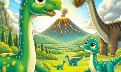 Ein junger Diplodocus namens Dippi, mit einem langen, eleganten Hals und einer grün-gelben gescheckten Haut, steht im Zentrum des Bildes, mit großen Augen, die ein Gefühl von Staunen und Entschlossenheit zeigen. Neben ihm steht seine Schwester Dina, etwas größer, mit hellblauen Schuppen und funkelnden Augen, die zum Himmel schaut, besorgt und neugierig zugleich. Im Hintergrund beobachtet ein weiser, alter Brachiosaurus mit einem imposanten Hals und brauner Haut die Szene ernsthaft von einem grünen Hügel aus. Die Szenerie zeigt ein weites, grünes Tal, umgeben von majestätischen Bergen und rauchenden Vulkanen in der Ferne, mit einem blauen Himmel, der von weißen Wolken durchzogen ist, und Sonnenstrahlen, die durch üppige Bäume scheinen. Die Hauptsituation zeigt Dippi und Dina im Gespräch mit dem Brachiosaurus, während ein leichter Erdbeben den Boden unter ihren Füßen vibrieren lässt und eine Atmosphäre von Spannung und Abenteuer schafft.