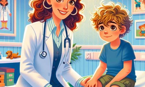 Dr. Lily Thompson is a woman in her thirties with curly brown hair and sparkling, kind eyes. She wears a spotless white coat, a stethoscope around her neck, and a warm smile, showing her commitment to helping children. She is crouched next to a small boy, Jake, who is about eight years old, with messy blonde hair and a worried yet brave expression. He wears a blue t-shirt and shorts, holding a bandage on his injured leg. The scene takes place in a colorful medical examination room, with walls decorated with children's drawings, educational health posters, and toys scattered on a table. A window lets in sunlight, creating a warm and welcoming atmosphere. The main situation shows Dr. Lily reassuring Jake after he fell off his bike, gently explaining the treatment steps for his injury while Jake listens attentively, his gaze becoming more confident.