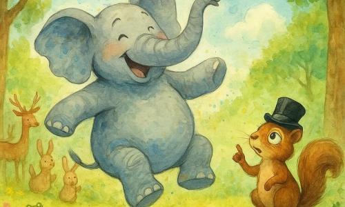Un gran elefante gris llamado Tito, de contornos suaves y patas anchas, alegre y sonriente con la trompa en alto, reflejos azulados y leves manchas de pintura en las orejas, gira bailando en el centro; a su derecha, una pequeña ardilla marrón llamada Rufus, con sombrero de copa negro y monóculo, intrigada y algo confusa, de pie en una rama baja levantando una pata mientras cuenta las nubes; de fondo, ciervos delgados, conejos de orejas largas y ranas que aplauden formando un semicírculo; claro del bosque soleado con hierba verde, flores silvestres amarillas y rosas, árboles de troncos marrones y rayos de sol entre hojas bajo un cielo azul con nubes algodonosas; escena festiva y fluida con salpicaduras de acuarela que sugieren ritmo y música.