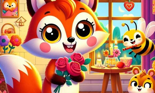 An illustration depicts a young fox with bright red fur and sparkling eyes joyfully preparing for a Valentine's Day party. Standing in its cozy living room surrounded by colorful decorations, it wears a big smile while holding color-changing roses. Next to it, a cheerful little bee with yellow and black stripes buzzes around, bringing heart-shaped cookies, its round eyes shining with enthusiasm. In one corner, a small squirrel with light brown fur and a bushy tail plays a magical flute, its face glowing with happiness and concentration. The warm living room is adorned with heart-shaped lanterns softly glowing and colorful flower garlands hanging on the walls. A table is set with sweet treats and heart-shaped mirrors, creating a festive and welcoming atmosphere. The main scene shows the fox and its friends joyfully preparing for a celebration filled with laughter and music, celebrating friendship and love, with colorful confetti floating in the air, exuding happiness and camaraderie.