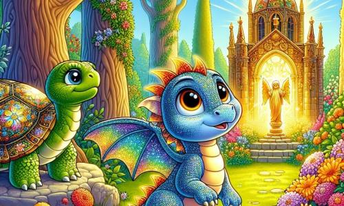 Ein kleiner Drache namens Flamme, mit schimmernden Schuppen in Regenbogenfarben und funkelnden, neugierigen Augen, steht am Rand eines wunderschönen geheimen Gartens. Er zeigt Staunen, seine Flügel leicht ausgebreitet, bereit, diesen magischen Ort zu erkunden. In der Nähe beobachtet eine weise alte Schildkröte mit einem von floralen Mustern verzierten Panzer und sanften Augen Flamme mit einem wohlwollenden Lächeln, sitzt auf einem Stein und strahlt eine Aura der Gelassenheit und Weisheit aus. Der Garten ist ein wahres lebendes Gemälde, gefüllt mit leuchtenden Blumen, großen Bäumen mit üppigem Laub, und in der Mitte steht eine Statue einer alten Kirche, die eine Eule darstellt, umgeben von goldenem Licht, das scheint, Geheimnisse in den Wind zu flüstern. Flamme, neugierig, nähert sich der Statue, um die Geheimnisse des Gartens der Weisheit zu entdecken, bereit, wertvolle Lektionen über Freiheit, Wahrheit und Gerechtigkeit zu lernen.