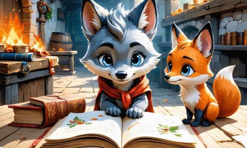 Un giovane lupo di nome Luca, con un pelo grigio e occhi pieni di curiosità, si trova al centro dell'immagine, guardando con meraviglia un vecchio libro aperto su un tavolo di legno in un antico mulino. Mostra un'espressione di determinazione ed eccitazione, come se avesse appena scoperto un grande segreto. Accanto a lui, Emma, una volpe astuta con un pelo arancione vivo e occhi maliziosi, sfoglia attentamente le pagine del libro, il suo viso illuminato dalla luce morbida che filtra attraverso una finestra polverosa. Marco, un orso bruno robusto con un sorriso amichevole, si piega per esaminare un ciondolo scintillante trovato sul pavimento, con aria intrigata e concentrata. Il mulino è un edificio antico, con muri di pietra coperti di muschio, una grande ruota di legno all'esterno e raggi di luce che danzano attraverso le crepe dei muri, creando un'atmosfera misteriosa e incantata. La scena rappresenta il momento in cui i giovani detective scoprono indizi sulla leggenda del Lupo della Luna, circondati da vecchi libri e oggetti dimenticati, pronti a risolvere il mistero che li circonda.