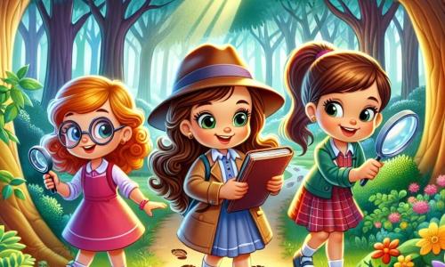 In una foresta incantata, tre piccole detective sono in piena avventura. Sofia, una bambina di otto anni con i capelli ricci e castani e occhiali rotondi, tiene un grande taccuino e osserva attentamente delle impronte a terra. Accanto a lei, Giulia, una ragazza con capelli biondi e lisci, indossa un cappello da detective e indica un sentiero misterioso. Infine, Marta, con i capelli castani legati in una coda di cavallo, sorride tenendo una lente d'ingrandimento, pronta a esplorare. La foresta è densa, con grandi alberi e foglie verdi brillanti. Le tre amiche seguono impronte misteriose che le conducono a un lago scintillante, dove sperano di ritrovare il loro amico Marco, il pizzaiolo, scomparso in cerca di ingredienti speciali. L'eccitazione e la curiosità si leggono sui loro volti mentre avanzano insieme, pronte a risolvere il mistero.