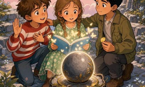 Ci sono tre bambini: Livia, circa 8 anni, capelli castano chiaro a trecce, vestitino verde a fiori, tiene un libro azzurro aperto al centro; Tommaso, circa 9 anni, capelli castani spettinati e lentiggini, maglione a righe rosse e bianche, a sinistra in ginocchio con espressione di sollievo e mano destra alzata; Nico, circa 9 anni, capelli neri corti, giacca kaki, a destra con sguardo protettivo, mano sulla spalla di Tommaso e nell’altra un piccolo petalo dorato; sullo sfondo la cima di una montagna chiara con pietre grigie a gradini, nuvole rosa, un giardino sospeso di muschi e fiori argentati e radici attorno a una base di pietra levigata; al centro riposa la sfera spenta della "Stella del Mondo" circondata da un pallido alone mentre i bambini aprono il libro da cui parole luminose salgono come farfalle verso la sfera, atmosfera calda, colori pastello con tocchi dorati sullo sfondo.