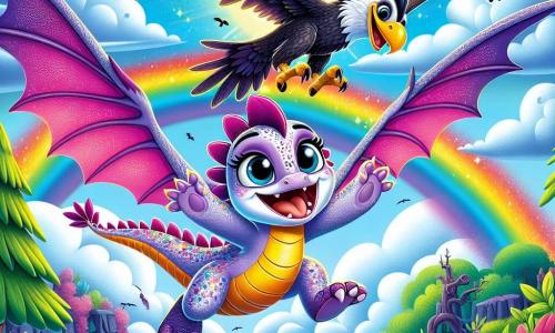 Ein kleiner, bunter Drache namens Lila, mit glänzenden lila- und rosafarbenen Schuppen, fliegt fröhlich am Himmel, ihre großen Augen funkeln vor Neugier und Aufregung. Sie entfaltet ihre majestätischen Flügel, umgeben von flauschigen, weißen Wolken, während ein strahlendes Lächeln ihr Gesicht erhellt. In der Nähe schwebt ein großer Vogel mit dunklen, bedrohlichen Federn und hungrigem Blick in der Luft, seine Flügel ausgebreitet, bereit zu jagen. Er sieht entschlossen und etwas furchterregend aus, im Kontrast zu Lilas Freude. Die Szenerie zeigt einen wunderschönen blauen Himmel mit Wolken und einem lebhaften Regenbogen, der sich darunter erstreckt und die grüne Landschaft eines verzauberten Waldes erleuchtet. Bunte Blumen und majestätische Bäume stehen am Boden und schaffen eine magische Atmosphäre. Die Hauptsituation zeigt Lila, die vor dem großen Vogel flieht, während sie mit Geschicklichkeit und Freude über die Landschaft fliegt, während die Gefahr direkt hinter ihr schwebt.