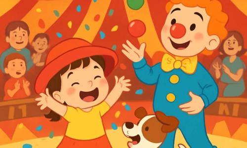A 2-year-old girl, Mia, wears a bright red hat and has large sparkling eyes filled with joy. She is laughing heartily, arms raised, surrounded by colorful confetti falling around her. A cheerful clown, about 30 years old, with a red nose and a big smile, stands next to her, juggling colorful balls. An adorable little dog with brown and white fur is frolicking near Mia, making her laugh even more. The scene takes place under a large circus tent in bright red and yellow, with twinkling lights illuminating the space. Amazed spectators, both children and adults, are seated on wooden benches, clapping and smiling. Mia is the center of attention, surrounded by magic and laughter as she discovers the wonderful world of the circus, full of wonder and happiness.