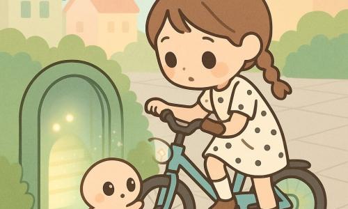 Mila, een 8-jarig meisje met bruine twee staartjes en een eenvoudige stippenjurk, kijkt verwonderd met glanzende ogen en een zacht glimlachje terwijl ze een klein glinstersticker op het stuur van haar blauwe fiets aanraakt; ze staat met één voet op de pedaal en buigt naar een lichtgroene, ronde deur die in een scheur tussen groene struiken opengaat en een trap van zachte lichttinten onthult; een pluizig, perzikkleurig buitenaards wezentje, Mika, met grote zwarte ogen en lichtgevende vlekjes zweeft net boven de grond en strekt een minuscuul pootje naar haar uit terwijl een klein fonkelend metaalstuk op de tegels trilt; zonovergoten stadspleintje, pastelhuizen op de achtergrond, magische, veilige en vrolijke sfeer, eenvoudige lijnen, ronde vormen en zachte pastelkleuren met glansaccenten.