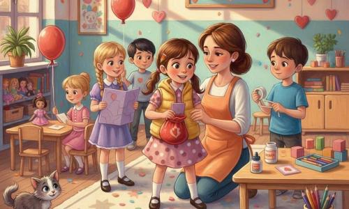 Mara, fetiță de 6 ani, entuziasmată și puțin neliniștită, păr șaten prins în două cozi, veste galbenă și rochiță cu buline, ține un saculeț roșu deschis și un carton mov, stând hotărâtă în centru; Ilinca, ~6 ani, blondă cu codiță, rochie violet, ține o mare carte mov și zâmbește spre Mara, la stânga; Matei, ~6 ani, precaut, păr castaniu scurt, tricou albastru, ține o rolă de bandă adezivă și privește lipiciul, la dreapta; Tudor, ~6 ani, timid, păr negru, ține un balon roșu legat de un scaun, stă puțin în spate tremurând; Daria, ~5–6 ani, rezervată, rochiță roz, primește o inimioară zâmbind timid lângă masa cu păpuși; doamna Sanda, 30–40 ani, blândă, păr prins, șorț portocaliu, este genuflexă lângă Mara mângâind-o; Pis-Pis, pisicuță gri cu pete albe, stă sub un raft cu ochi mari, lângă o farfurie cu firimituri și un biscuiți stea pe jumătate mâncat; loc: clasă de grădiniță colorată cu inimioare decupate, afiș "Ziua prieteniei", mese mici pastel, covor în stele, cutii cu creioane și o plantă; situație: Mara descoperă că Pis-Pis a mâncat biscuiții-stea și copiii se adună să împartă cadourile, confetti pe podea, expresii calde, lumină caldă de după-amiază; stil: nuanțe calde și pastel, tușe vizibile de pensulă, textură acrilic groasă, contrast moale, compoziție centrată, atmosferă tandră și optimistă, detalii grafice: bandă adezivă, cartonașe cu coroane, panglică la balon, sac roșu ușor deschis.