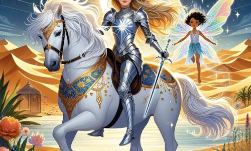 In the foreground, a young knight named Seraphina, about 20 years old, stands proudly on her white horse, Luna. She wears shiny armor adorned with star patterns, her long golden hair flowing in the wind, and her face expresses brave determination. She wields a sparkling sword, ready to face the unknown. Beside her, a small fairy, about 10 years old, with translucent and colorful wings, flies around her. The fairy, with short silver hair, has a sparkling look of hope and excitement, holding a magical map that glows softly. In the background, the desert landscape stretches endlessly, with golden dunes shimmering under the sun. On the horizon, a crystal-clear oasis surrounded by lush palm trees can be seen, where colorful flowers dance in the breeze. The main scene shows Seraphina, ready to embark on an adventure, determined to save the oasis and her kingdom, while the fairy encourages her with a radiant smile, pointing towards the direction of the mysterious cave looming in the distance.