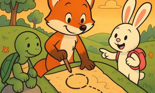 A small red fox (main character) with glossy fur and a bushy tail, round face and sparkling eyes, smiling proudly on top of a grassy hill, tracing a loop on an old parchment map with its paw; a wise, round turtle (secondary) with a green shell decorated with simple patterns, calm and kind, sitting on a stone to the fox's left, looking at the map and smiling gently; a chubby white rabbit (secondary) with long pink ears, playful and enthusiastic, just behind the fox, holding a small backpack and pointing to a path below; location: a low hill with soft grass and colorful flowers, stylized trees in the background, a view of a forest below and a sunset sky of orange and pink gradients; main situation: the three friends celebrate the end of an adventure by circling the route on the map, warm golden evening light, clear joyful composition, bold lines, bright contrasting colors, Franco-Belgian comic style suitable for children.