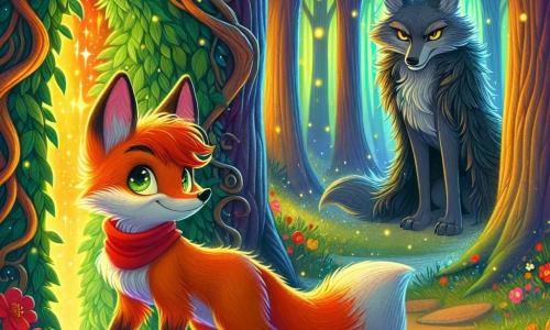A young fox with a fiery coat and bright, determined eyes stands before a mysterious window surrounded by green vines. He wears an expression of courage and wonder, ready to uncover the secrets behind the shimmering glass. Nearby, the Big Bad Wolf, tall and imposing with dark gray fur and piercing eyes, watches the fox with a mix of curiosity and challenge. His expression is both cunning and wary as he stands in the shadow of the trees, ready to test Felix's courage. The setting is an enchanted glade, bathed in golden light at dusk, where majestic trees stand like silent guardians. Colorful flowers dot the ground, and fireflies begin to twinkle in the cool evening air. The main scene shows the fox approaching the window, heart racing, while the wolf in the background prepares to pose a riddle, creating palpable tension between courage and cunning.