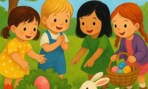 Four 5-year-old girls — Lila with brown pigtails in a yellow polka-dot dress reaching left for a shiny pink egg in a bush; Mia with short blonde hair in blue overalls clapping center-left at the pink egg; Zoe with straight black hair in a green dress pointing center-right at a hidden blue egg under a leaf; and Ava with braided red hair and a purple cardigan crouched right holding a wicker basket of colorful eggs — whisper and discover Easter eggs in a bright spring garden with trimmed green grass, red and yellow tulips, a large round-leaved tree, a light-green bush, a pale blue sky with fluffy white clouds, while a small plush-looking white rabbit hops nearby amid joyful, vivid, gouache-like brushstrokes centered on the children and the egg basket.