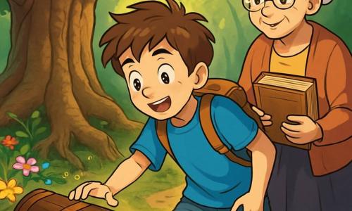 A 12-year-old boy with tousled brown hair and sparkling eyes stands in front of a majestic old oak tree, his face lit up with excitement and wonder. He wears a bright blue t-shirt and denim shorts, with a worn backpack on his shoulders. Next to him, his grandmother, an elderly woman with silver hair and a warm smile, watches him proudly, holding an ancient book in her hands. The setting is an enchanted forest, where sunlight filters through green leaves, creating bright patterns on the moss-covered ground. Colorful flowers line the winding path, and a nearby stream murmurs, adding a touch of magic to the scene. The main situation shows the boy discovering an ancient wooden chest, partially buried under roots, with a golden glow emanating from inside, revealing a hidden treasure. His expression is one of surprise and adventure as he prepares to open the chest, his heart racing with excitement.