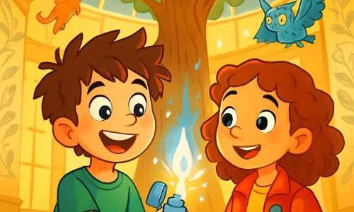 An 8-year-old boy with tousled hair and curious, bright eyes stands in front of a huge tree with shimmering leaves, his face lit up by a delighted smile. He wears a bright green t-shirt and denim shorts, holding a small silver lighter in his hand, ready to spark a magical flame. Beside him, a girl his age with curly hair and a red jacket adorned with colorful patches looks at him with a knowing glance, her eyes sparkling with excitement. The setting is a spacious, brightly lit room filled with golden light, where a gigantic tree rises in the center, its branches stretching towards a glass ceiling dotted with twinkling stars. The walls are decorated with silver leaf patterns, and fantastical creatures fly around the branches, adding a touch of magic to the atmosphere. The main scene shows the boy and girl, awestruck, as they ignite the lighter, producing a blue and silver flame that releases sparks into the air, illuminating the room with their glow.