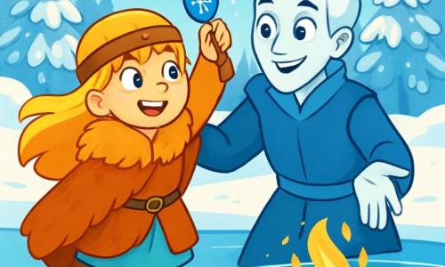 Astrid, o fetiță vikingă de 12 ani, stă pe marginea unui lac înghețat, cu părul lung blond fluturând în vântul rece. Ea poartă o blană groasă de vulpe și cizme din piele, iar fața ei radiază de entuziasm și curiozitate. Lângă ea, spiritul Glaçon, un bărbat de aproximativ 30 de ani, cu pielea palidă ca zăpada și ochi strălucitori ca stelele, zâmbește arătându-i magia lacului. În fundal, pădurea acoperită de zăpadă se întinde până la orizont, cu copaci măreți acoperiți de brumă strălucitoare sub un cer albastru deschis. Scena o arată pe Astrid ridicând talismanul albastru spre lac, unde flăcările aurii încep să danseze pe suprafața gheții, creând un contrast magic între frig și căldură.