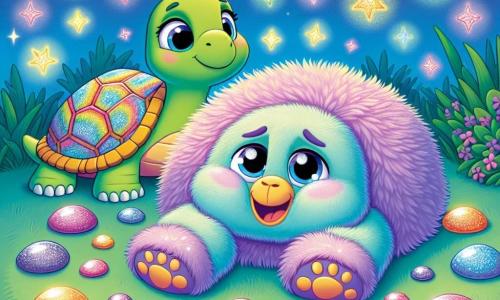 Brillo, un cuscino morbido dai colori pastello, è sdraiato in un cerchio di pietre scintillanti. Ha un volto sorridente e occhi brillanti di gioia, mentre respira profondamente, con le braccia aperte, come se volesse abbracciare la pace che lo circonda. Accanto a lui, una tartaruga dolce e amichevole, con un bel guscio dai motivi colorati, osserva Brillo con uno sguardo benevolo. È seduta sull'erba, con le zampe anteriori appoggiate sulle ginocchia, e sembra serena, condividendo questo momento di calma. Il luogo è un giardino magico, illuminato da stelle brillanti in un cielo notturno. Le pietre scintillano come gemme, e l'erba è di un verde vivace, punteggiata di piccoli fiori colorati che danzano dolcemente nella brezza. La scena principale mostra Brillo mentre respira profondamente, circondato da colori rilassanti, mentre la tartaruga gli insegna l'arte del relax. L'atmosfera è dolce e tranquilla, invitando alla serenità e alla rêverie.