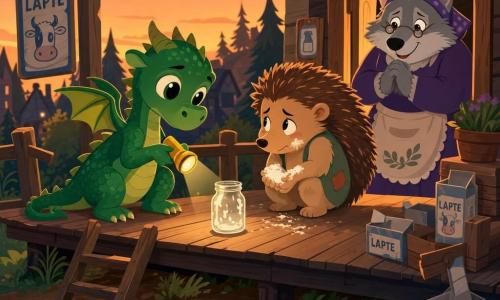 Cipi, un dragon mic cu solzi verzi strălucitori și ochi mari curioși, stă pe o terasă din lemn, concentrat și blând, ținând o lanternă mică galbenă și îndreptând botul spre un borcan pătat cu lapte; Puf, un arici tânăr și timid cu țepi maron deschis, ghemuit lângă borcan, rușinat dar ușurat, cu umerii plecați și mâinile pline de făină, îl privește pe Cipi cu capul plecat; Doamna Lupa, o lupoaică bătrână, rotundă și zâmbitoare, stă la distanță în cadrul ușii magazinului cu mâinile împreunate, observând cu compasiune; terasa înaltă din lemn, cu cutii goale de lapte, se află la amurg, lumină portocalie blândă și umbre lungi, atmosferă de mister rezolvat și căldură comunitară; stil grafic plat, culori vii și contrastante, linii clare și compoziție simplă, potrivit pentru copii.
