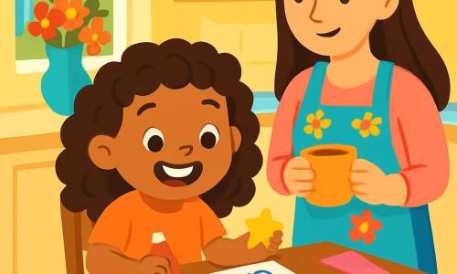 Una niña de 4 años, con hermosos rizos y una gran sonrisa radiante, está sentada en una mesa de madera, rodeada de papeles de colores, tijeras y pegamento. Está concentrada y feliz, con los ojos brillando de emoción mientras crea un calendario para el Día de la Madre. Junto a ella, su mamá, una mujer de unos treinta años con cabello largo y liso, sonríe tiernamente al mirar a su hija. Lleva un delantal floral y sostiene una taza de café en las manos, observando con cariño el trabajo de su hija. La escena tiene lugar en una cocina luminosa, con rayos de sol que filtran a través de la ventana, iluminando las paredes pintadas de amarillo pastel. Flores frescas en un jarrón colorido añaden un toque de alegría al ambiente. La niña recorta formas de papel y pega estrellas brillantes en su calendario, llena de entusiasmo y amor, lista para sorprender a su mamá con un regalo hecho a mano para el Día de la Madre.