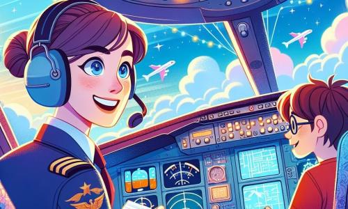 Una piloto de unos 30 años, con cabello castaño recogido en un moño y vistiendo un traje de piloto azul marino, sonríe con orgullo y emoción mientras se encuentra en la cabina de un avión. Sus ojos brillan de entusiasmo y ajusta su casco de piloto. A su lado, un niño de 12 años, Lucas, con cabello castaño y gafas, la observa con admiración, sosteniendo un pequeño cuaderno en sus manos. Lleva una camiseta roja y jeans, y se mantiene un poco atrás, absorto en la conversación. La cabina del avión está llena de botones de colores, pantallas brillantes y una gran ventanilla que muestra un cielo azul con nubes blancas. Las luces parpadean suavemente, creando un ambiente dinámico. La escena principal muestra a la piloto compartiendo su pasión por la aviación con Lucas, explicándole las maravillas del vuelo, mientras están rodeados del equipo del avión, simbolizando la aventura y el sueño de volar.
