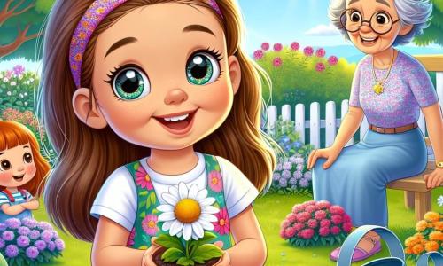 Una bambina di 6 anni, di nome Martina, è al centro dell'immagine. Ha lunghi capelli castani, occhi scintillanti di curiosità e un grande sorriso sul volto. Indossa un vestito colorato con motivi floreali e tiene un piccolo vaso di terra con una margherita che ha appena piantato. Accanto a lei, sua madre, una donna di circa 30 anni, ha i capelli castani raccolti in un chignon e indossa una maglietta leggera e pantaloni di denim. Sorride orgogliosamente a Martina mentre tiene un annaffiatoio, pronta ad annaffiare i fiori. Sullo sfondo, la nonna di Martina, una donna anziana con capelli grigi e occhiali rotondi, è seduta su una sedia da giardino, mentre racconta una storia a un gruppo di bambini che l'ascoltano attentamente. Il luogo è un giardino in piena fioritura, pieno di fiori colorati, cespugli verdi e un cielo blu chiaro. Gli uccelli cantano sugli alberi e un dolce sole splende sulla scena. La situazione principale mostra Martina, piena di gioia ed eccitazione, mentre pianta fiori con sua madre, circondata dall'amore e dal calore della sua famiglia, celebrando così l'arrivo della primavera.